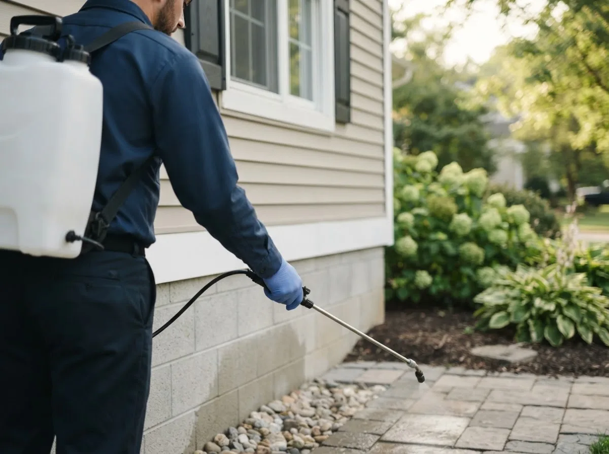Pest control technician inspecting a home in Cantrall, IL